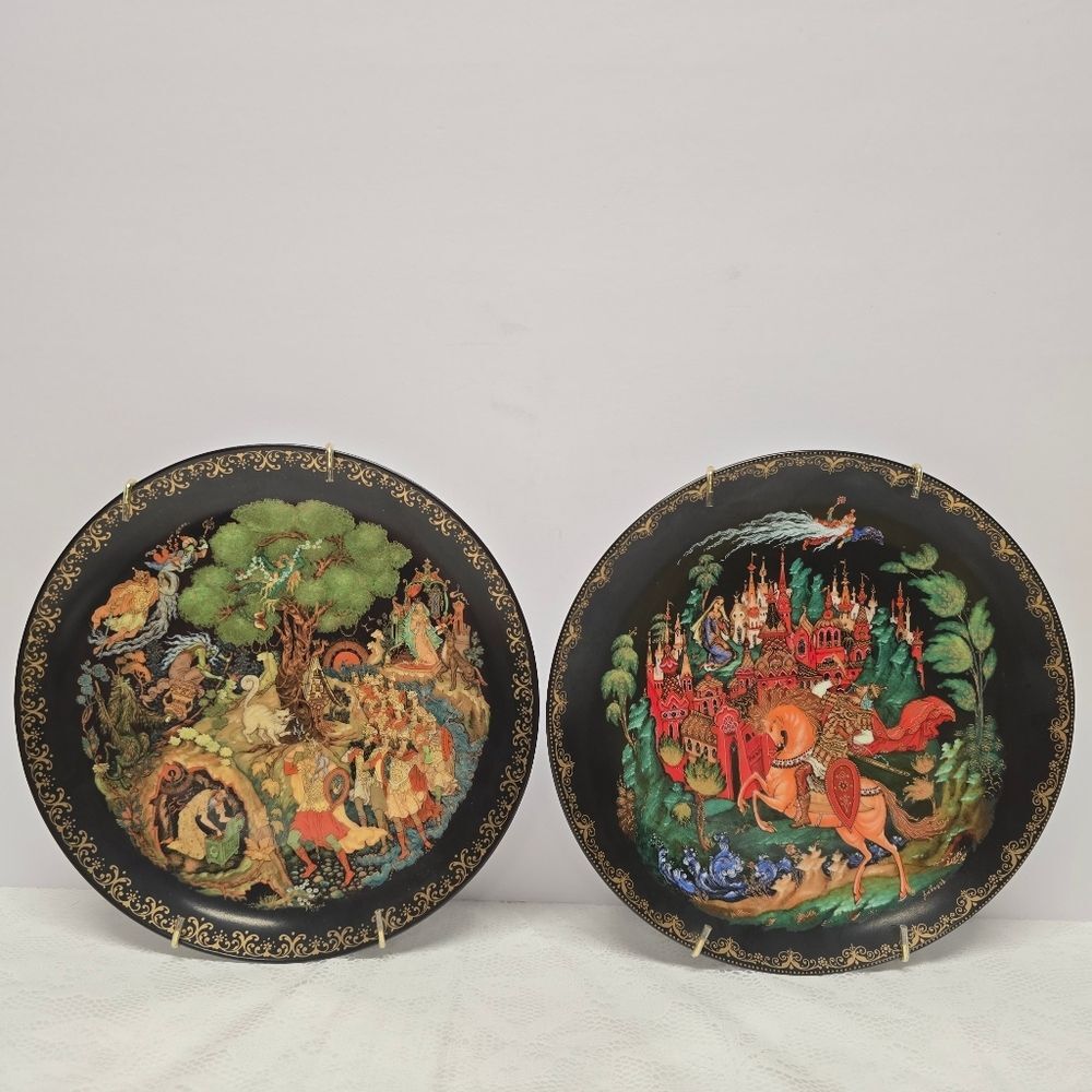 Palekh USSR Russian Legends Fairy Tales "Ruslan & Ludmila" / "Lukomorye" Plates